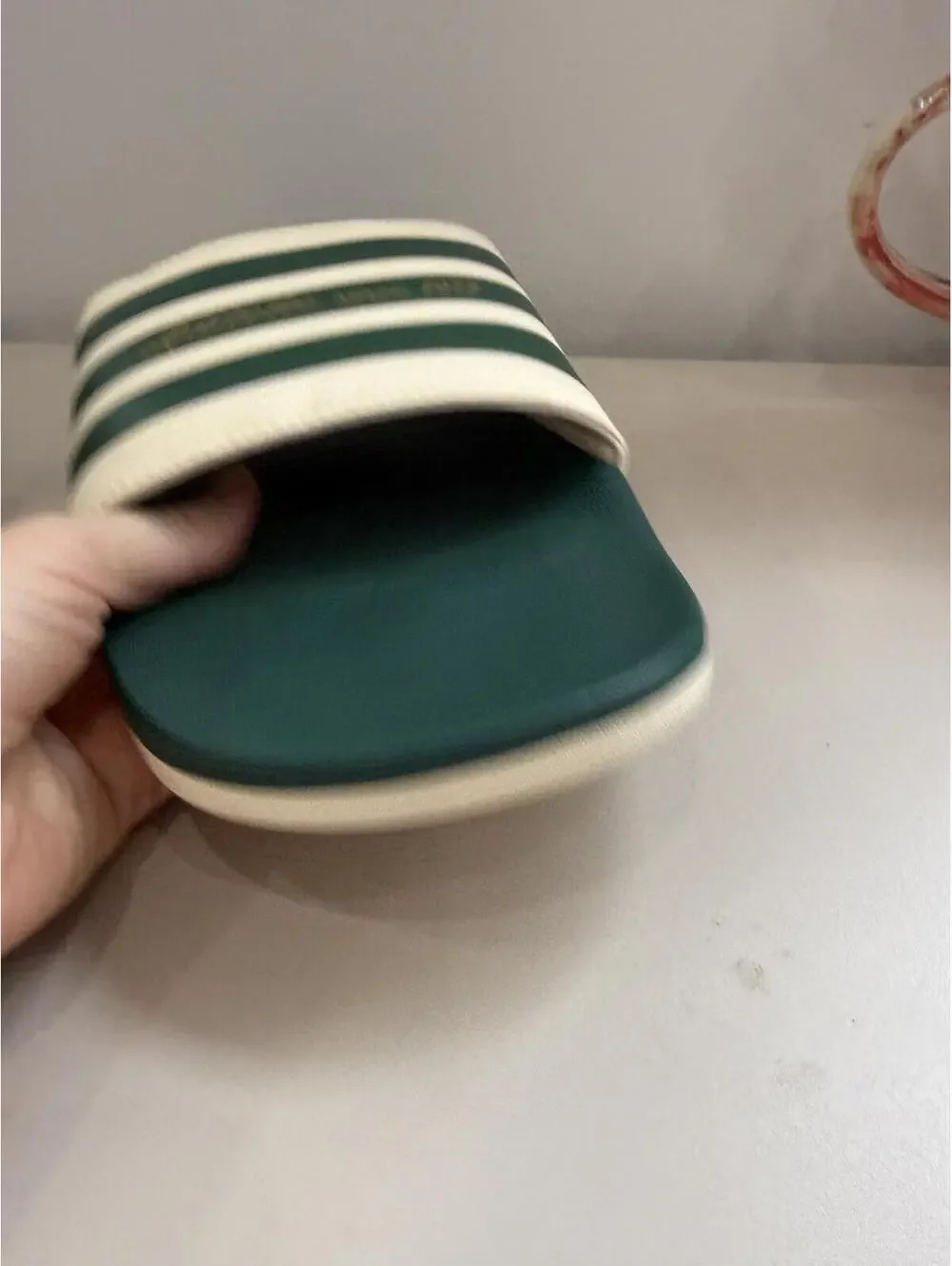 Adilette Slide Sandals with Green and Cream Stripes Men's Size 18